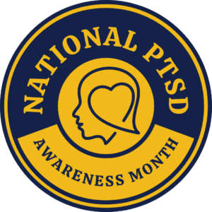blue and yellow graphic for National PTSD Awareness Month