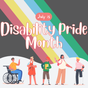 Disability Pride flag in the background behind 5 people
