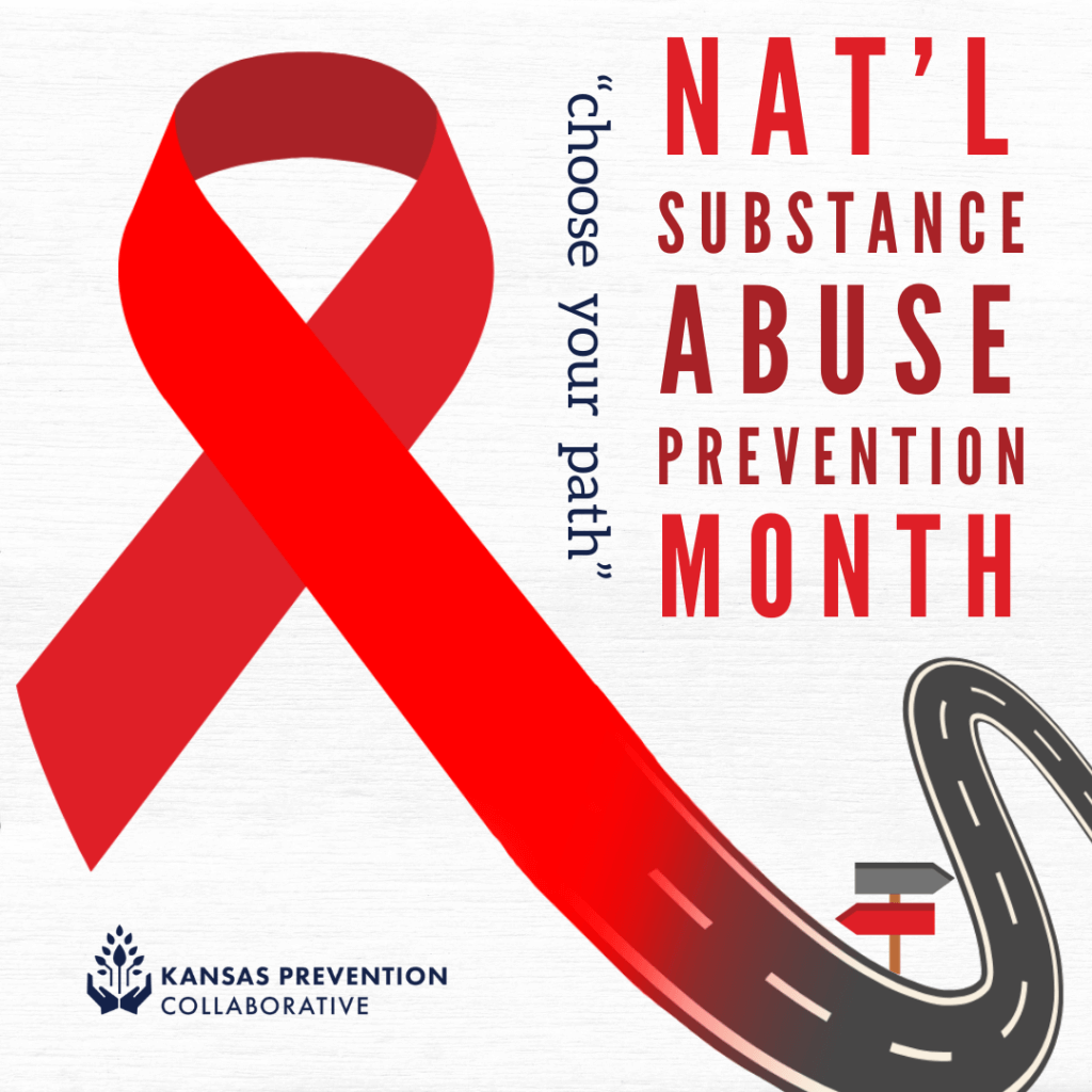 red awareness ribbon that transforms into a road, with the words “choose your path” and “national substance abuse prevention month