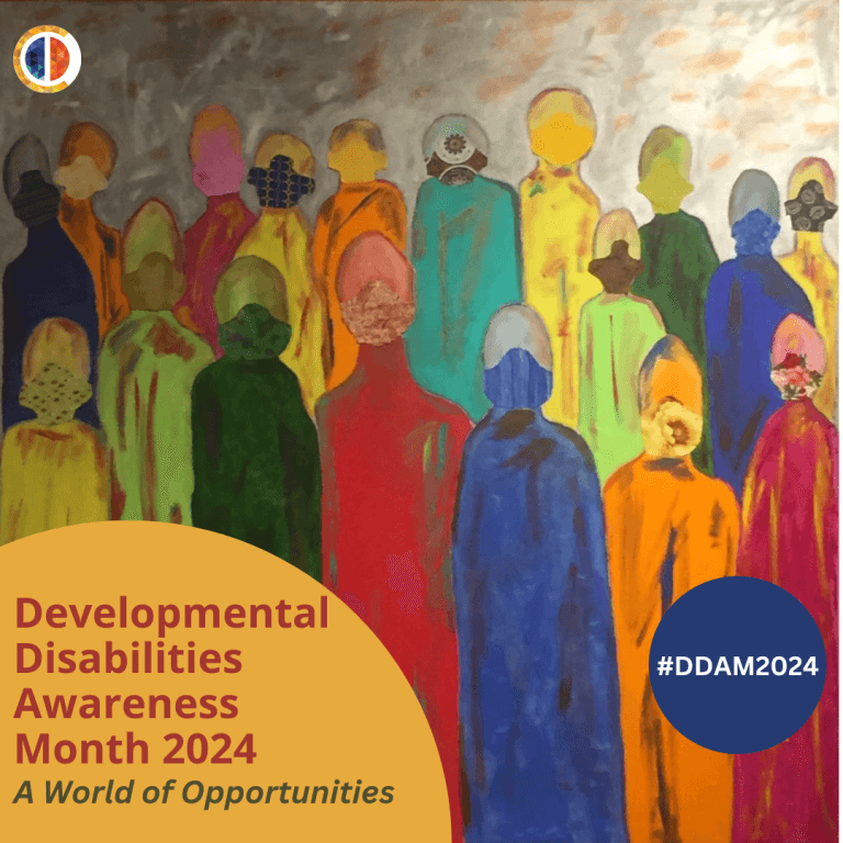 A painting of many people with their backs to the viewer, with the words “Developmental Disabilities Awareness Month 2024 – A World of Opportunities - #DDAM2024
