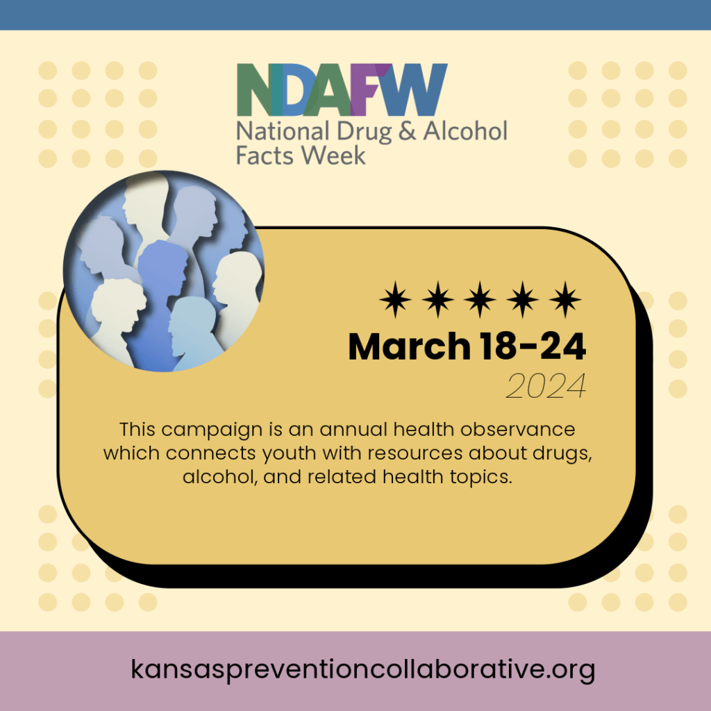 light background with the words “NDAFW National Drug & Alcohol Facts Week March 18-24, 2024