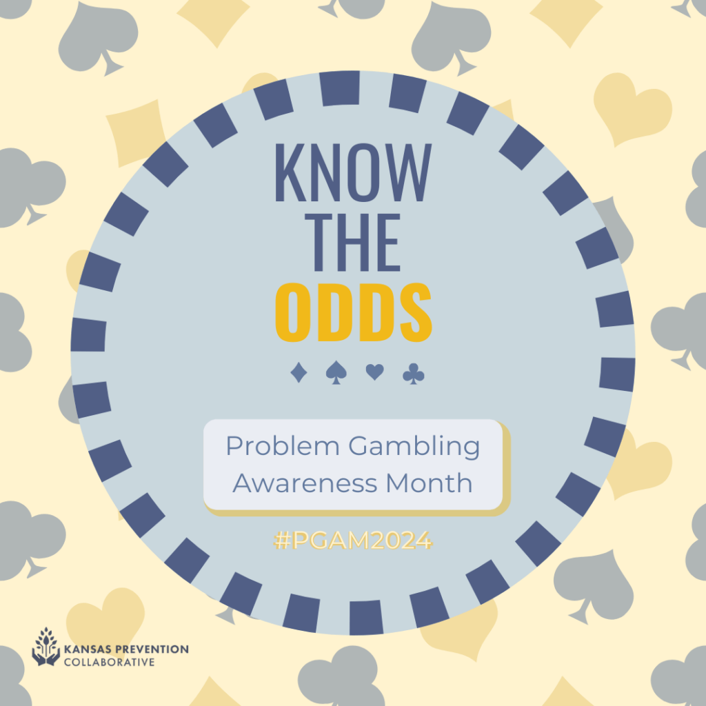 A light background with playing card suits. A large poker chip in the center with the words “Know The Odds – Problem Gambling Awareness Month